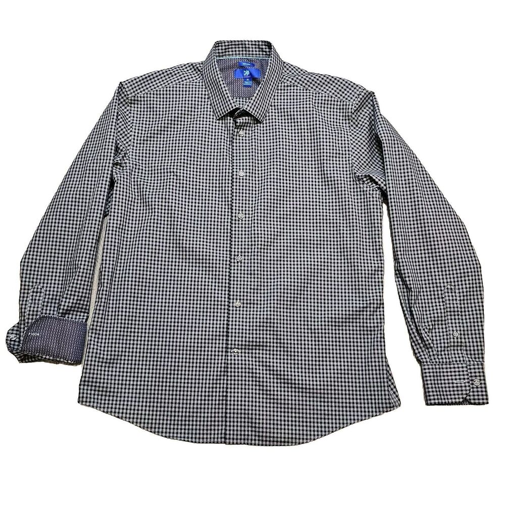 XL EGARA Men’s No-Iron Long Sleeve w/Flip Cuff Button Down Shirt Grey Check